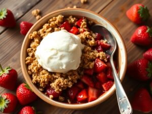 A bowl of warm strawberry crisp topped with vanilla ice cream, surrounded by fresh strawberries on a wooden table.