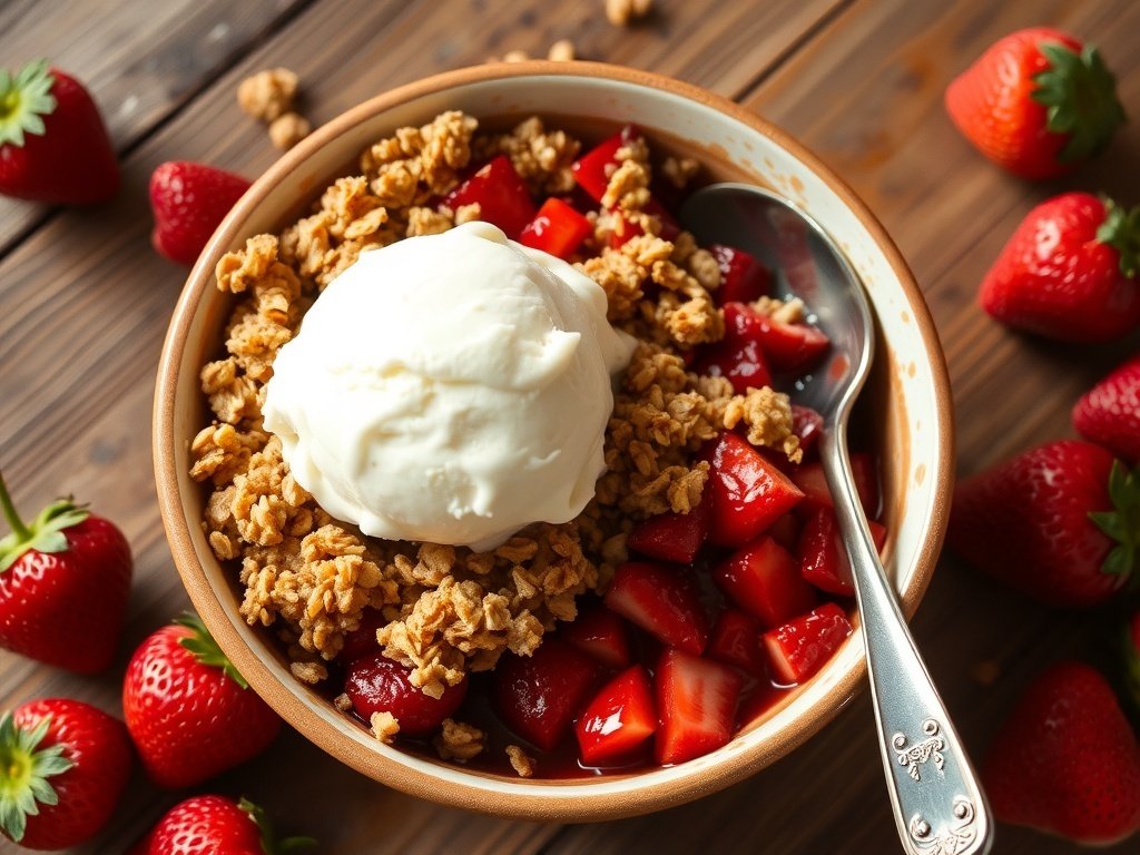 A bowl of warm strawberry crisp topped with vanilla ice cream, surrounded by fresh strawberries on a wooden table.