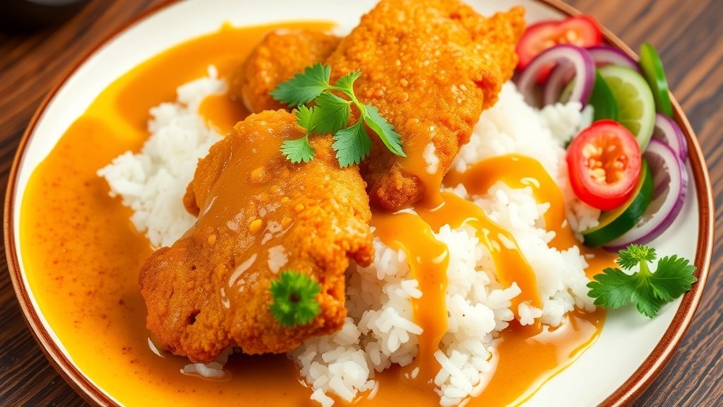 Hearty Chicken Katsu Curry Recipe A plate of Chicken Katsu Curry with crispy chicken, rice, and curry sauce, garnished with herbs and vegetables.