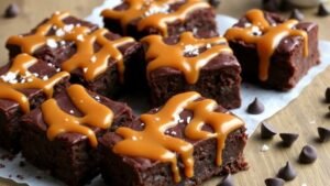 Salted caramel brownie bars with chocolate layers and caramel drizzle, garnished with sea salt on a wooden table.