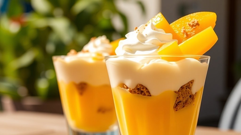 Mango Float Cups Recipe Mango Float Cup with layers of mango filling and graham crackers, garnished with mango slices, on a sunny outdoor table.