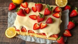 A delicious strawberry lemon sheet cake with frosting and fresh strawberries on a wooden table.