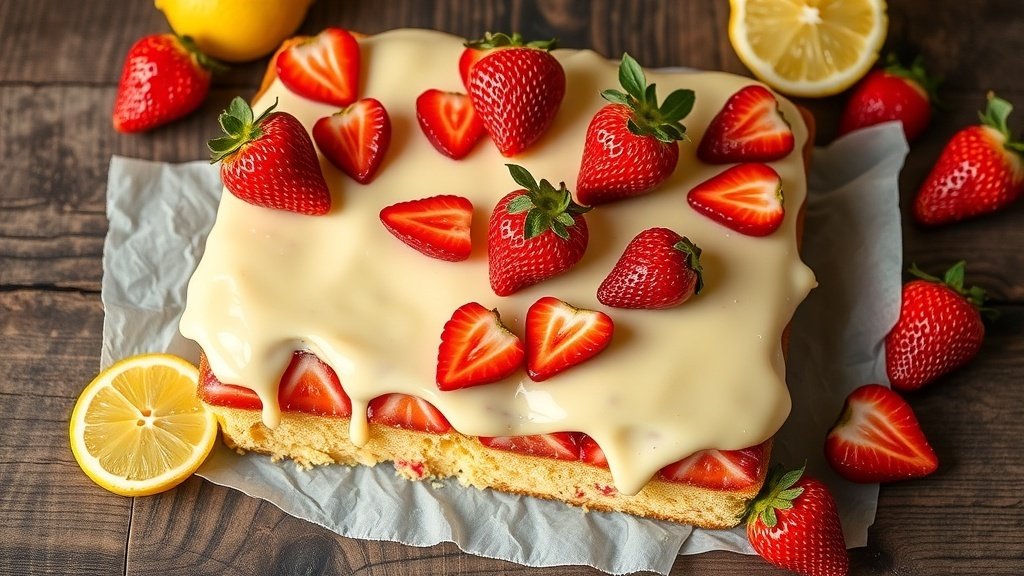 A delicious strawberry lemon sheet cake with frosting and fresh strawberries on a wooden table.