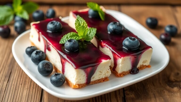 Blueberry cheesecake bars with creamy filling and blueberry topping, garnished with fresh blueberries on a rustic plate.