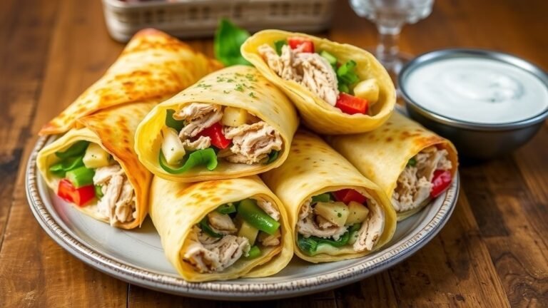 Cheesy garlic chicken wraps on a plate with ranch dressing, garnished with herbs, on a rustic table.