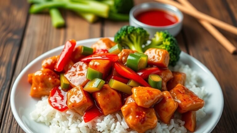 A plate of Sweet Chili Chicken with rice, bell peppers, and broccoli, garnished with green onions.