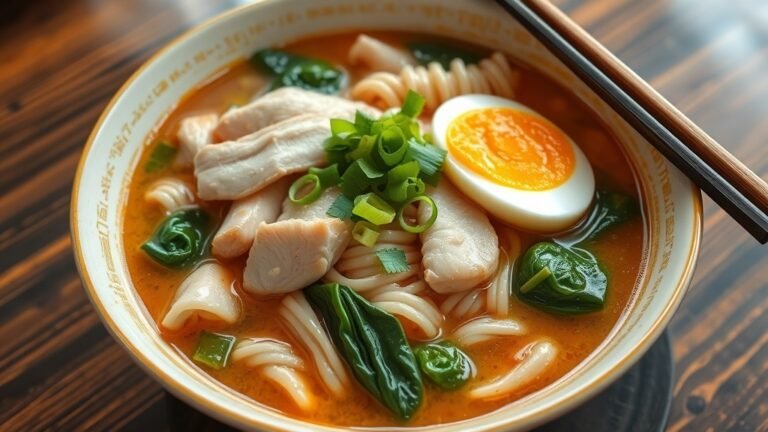 A delicious bowl of chicken ramen with noodles, chicken, spinach, and green onions, topped with a soft-boiled egg.