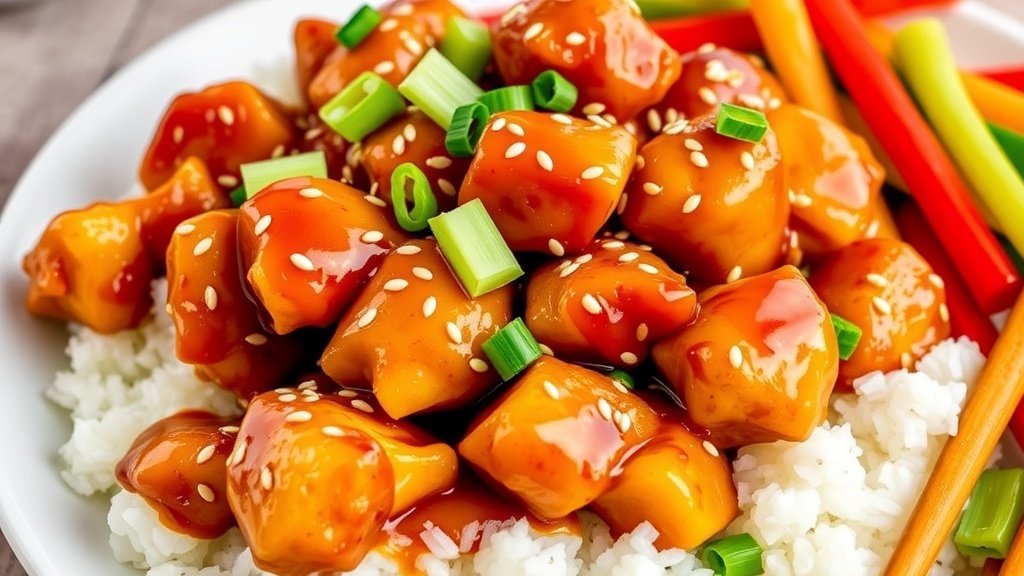 Honey sesame chicken served over rice, garnished with sesame seeds and green onions, with steamed vegetables on the side.