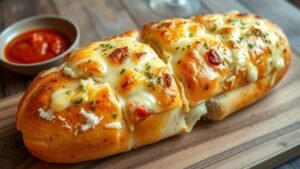Sliced cheesy garlic bread topped with melted cheese and garlic butter, served with marinara sauce.