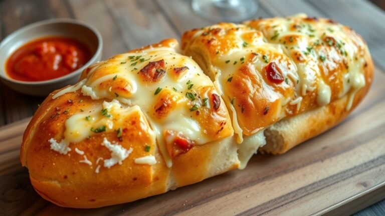 Sliced cheesy garlic bread topped with melted cheese and garlic butter, served with marinara sauce.