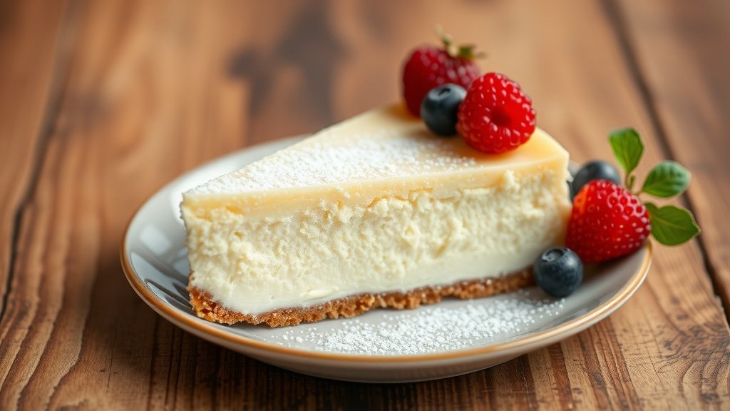 A slice of fluffy Japanese cheesecake dusted with powdered sugar and garnished with berries on a rustic table.