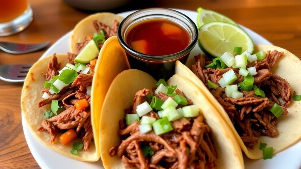 Authentic Birria Tacos Recipe Authentic birria tacos with shredded meat, cilantro, onions, and broth on a rustic table.