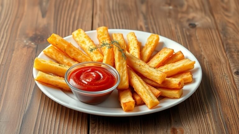 Crispy potato finger sticks served with ketchup on a wooden table.