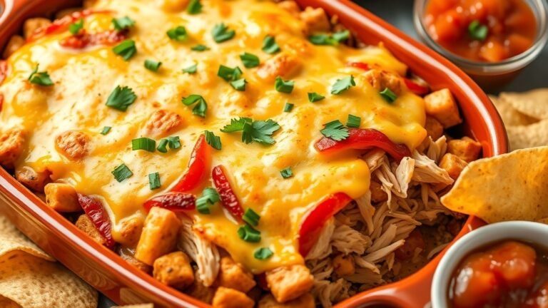 A baked Chicken Fajita Casserole with layers of chicken, bell peppers, and cheese, garnished with cilantro, served with tortilla chips.