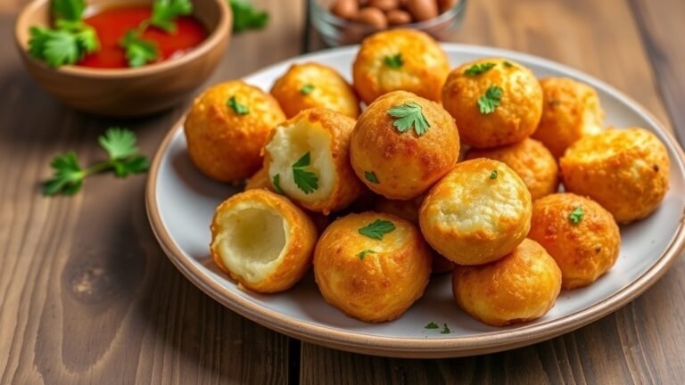 Golden cheesy parmesan mozzarella bites on a plate, garnished with parsley and served with marinara sauce.