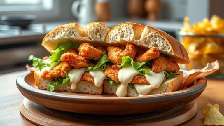 A Crunchy Chicken Caesar Sandwich with crispy chicken, romaine lettuce, and caesar dressing on soft bread, served with chips.