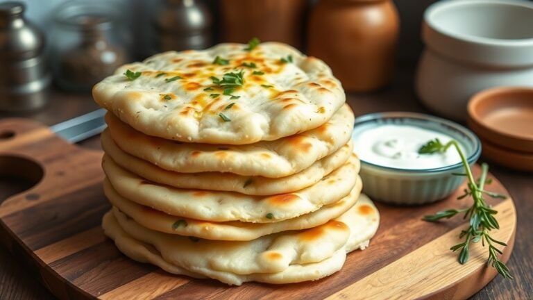 Golden-brown cottage cheese flatbreads stacked on a wooden board with herbs and a bowl of dip.