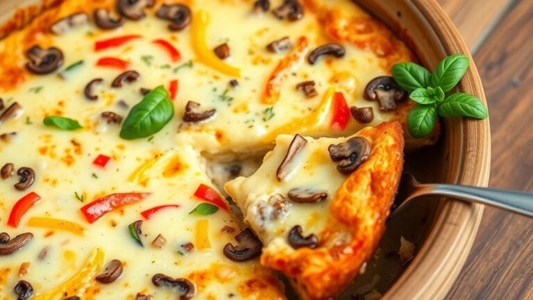 A healthy cottage cheese pizza bake with melted cheese and vegetables, garnished with basil on a wooden table.
