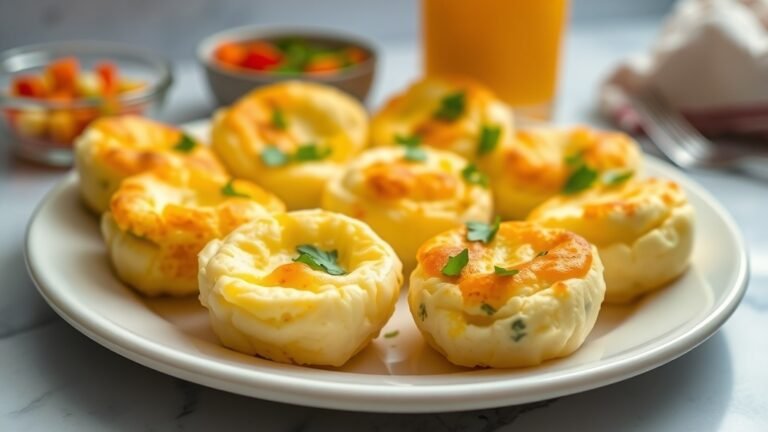Fluffy cottage cheese egg bites on a plate, garnished with herbs, with diced vegetables and orange juice in the background.