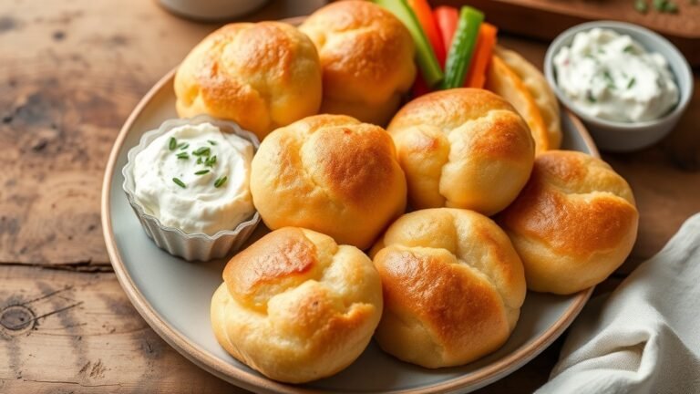 Fluffy cottage cheese cloud bread on a plate with herbs and vegetable sticks, highlighting its light texture.