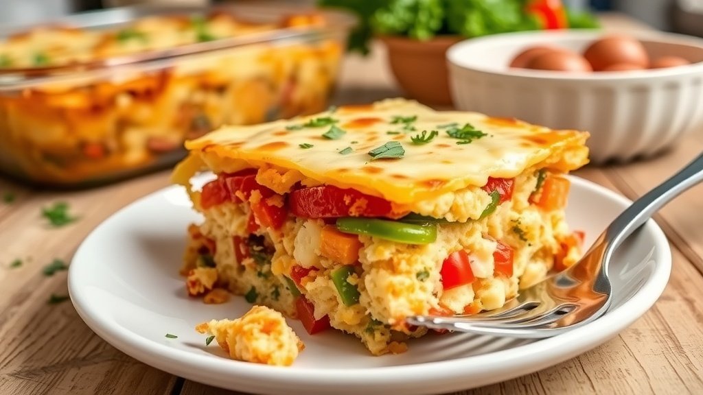 A slice of cottage cheese breakfast casserole with vegetables and cheese on a plate, garnished with herbs.