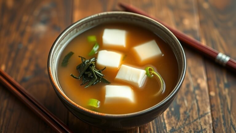 A bowl of miso soup with tofu and seaweed, garnished with green onions, on a rustic wooden table.