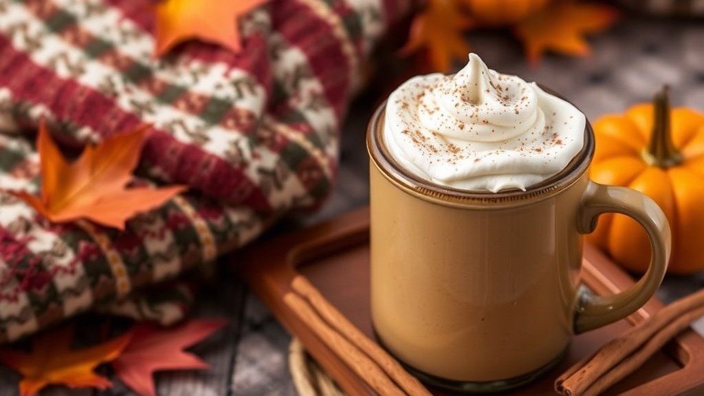 Pumpkin Cream Chai Latte in a rustic mug topped with whipped cream and cinnamon, surrounded by autumn decor.