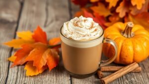 A cozy pumpkin spice latte topped with whipped cream and spices, surrounded by autumn decor.