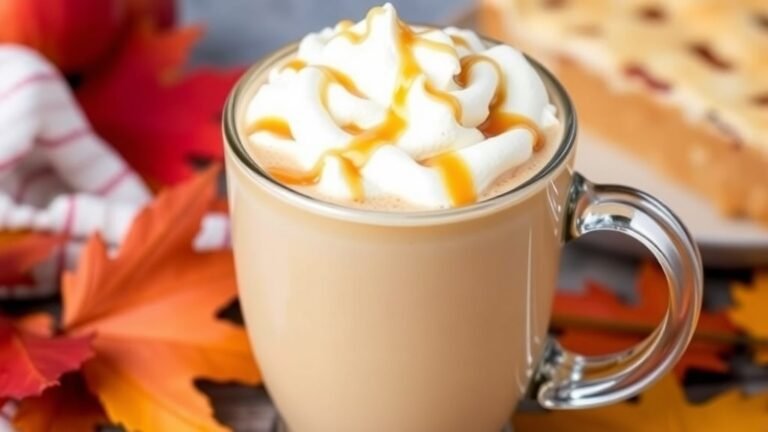 Caramel Apple Spice Tea Latte in a cozy setting with whipped cream and caramel drizzle, surrounded by autumn leaves.