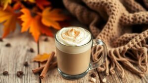 Toasted White Mocha with whipped cream and toasted white chocolate on a wooden table with autumn decor.