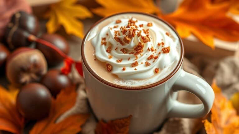 Chestnut Praline Latte in a mug topped with whipped cream and praline, surrounded by autumn leaves and chestnuts.