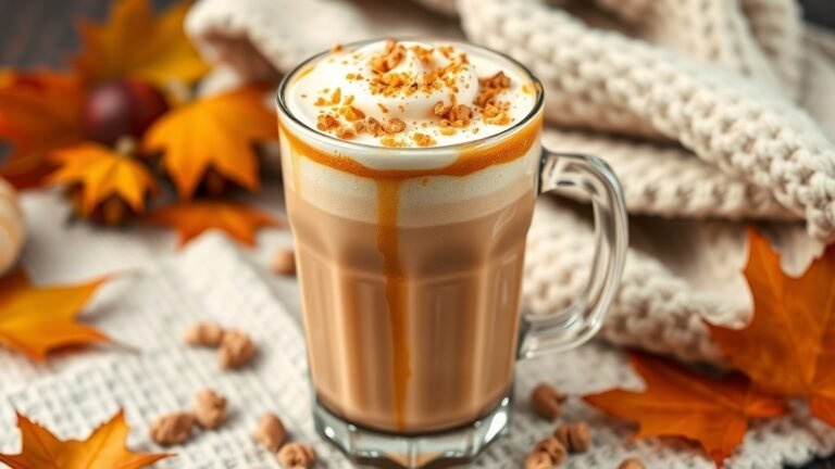 Apple Crisp Oatmilk Macchiato with layers of oat milk and espresso, topped with whipped cream and graham crackers, surrounded by autumn decor.