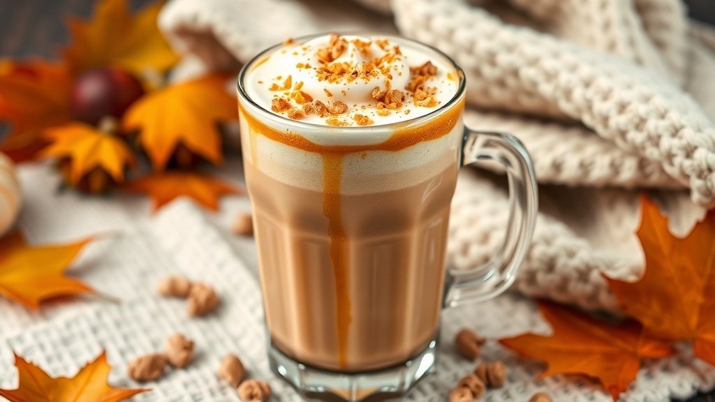 Apple Crisp Oatmilk Macchiato with layers of oat milk and espresso, topped with whipped cream and graham crackers, surrounded by autumn decor.