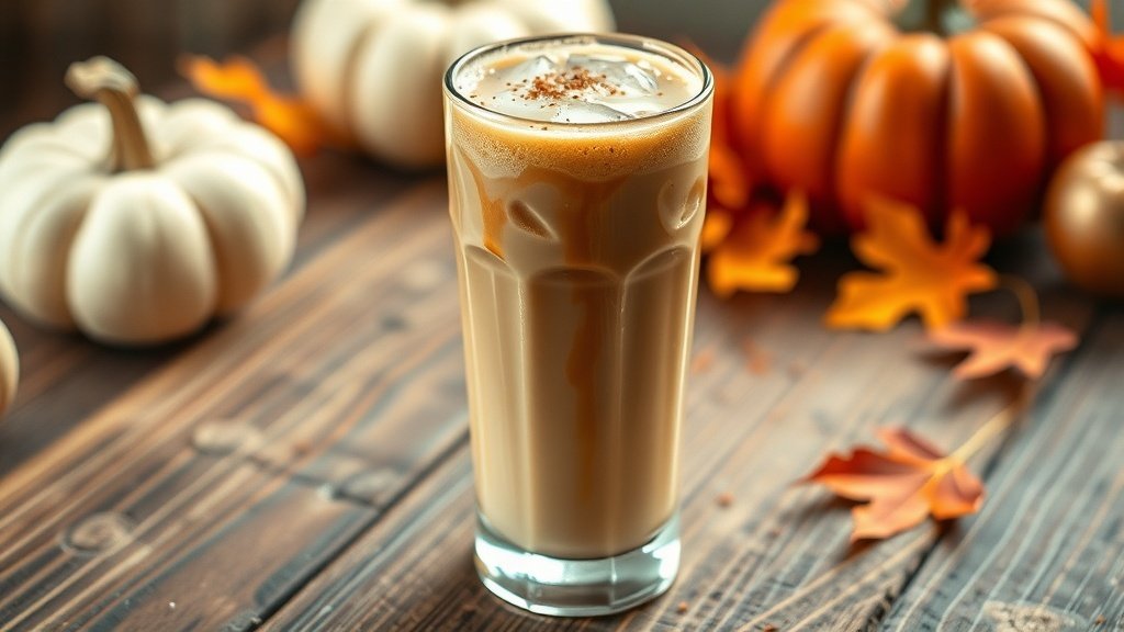 Iced brown sugar shaken espresso in a glass with ice and milk, garnished with cinnamon, on a wooden table with fall decorations.