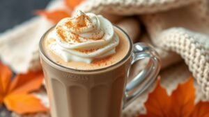 Cinnamon Dolce Chai Tea Latte with whipped cream and cinnamon, surrounded by autumn decor.