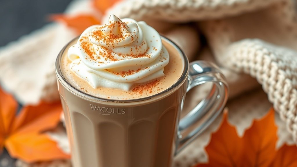 Cinnamon Dolce Chai Tea Latte with whipped cream and cinnamon, surrounded by autumn decor.