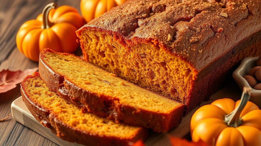 Sliced moist pumpkin bread on a wooden table, surrounded by pumpkins and autumn leaves.