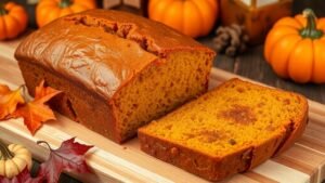 A loaf of golden brown pumpkin bread on a cutting board with autumn decorations.