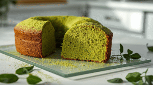 Moist matcha pound cake sliced on a wooden board, with matcha powder and leaves, in a cozy kitchen.