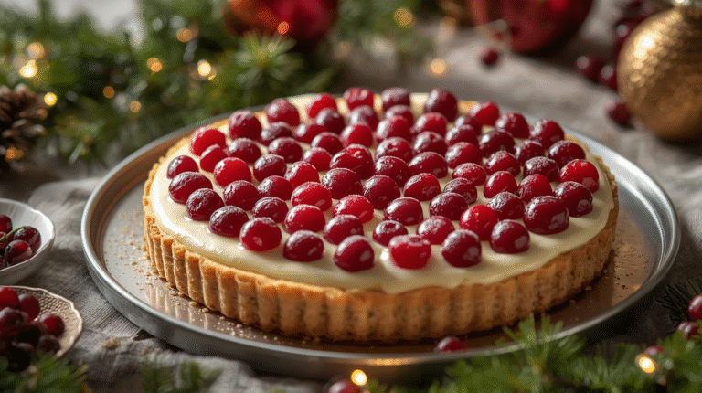 A beautiful white chocolate cranberry tart with a buttery crust and fresh cranberries on top, set on a festive table.