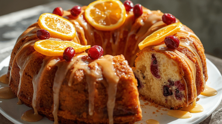 A golden-brown cranberry orange coffee cake with a glossy glaze, garnished with cranberries and orange slices, on a table with coffee.