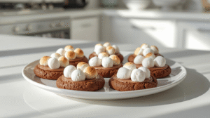 A festive plate of thumbprint cookies filled with chocolate and decorated marshmallows.