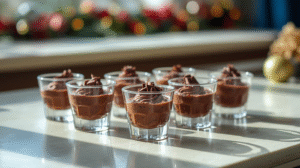 Elegant chocolate truffle mousse in glass cups, topped with chocolate shavings, set against a festive holiday backdrop.