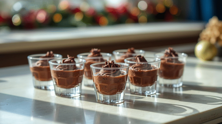 Elegant chocolate truffle mousse in glass cups, topped with chocolate shavings, set against a festive holiday backdrop.