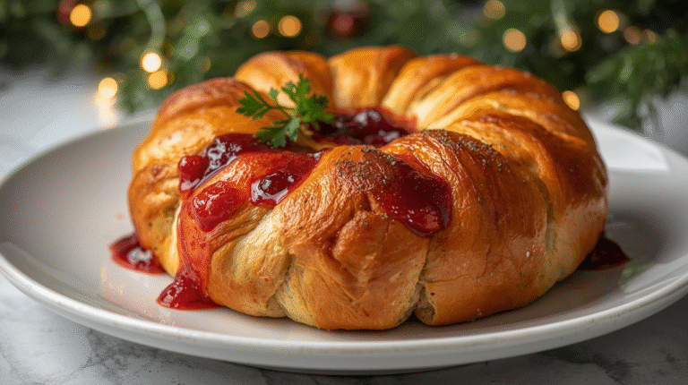 Festive cranberry brie pull-apart bread on a wooden board, garnished with parsley, surrounded by holiday decorations.