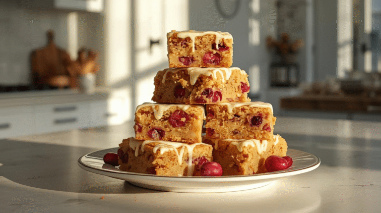 Delicious white chocolate cranberry blondies on a festive plate, surrounded by cranberries and white chocolate chips.
