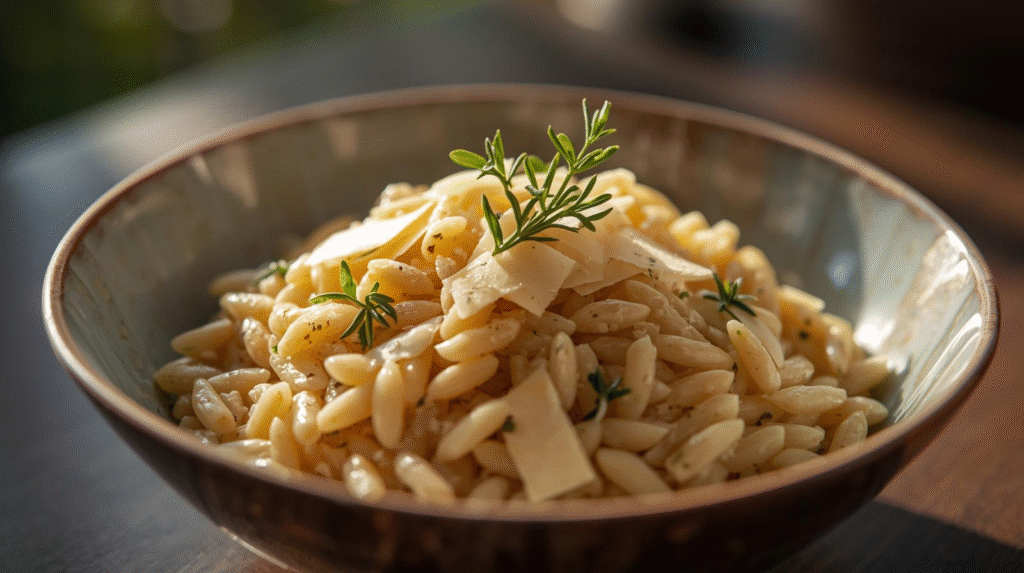 Creamy garlic parmesan chicken orzo in a bowl, garnished with parsley.
