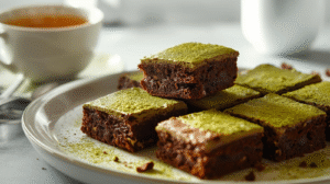 Fudgy matcha brownies on a plate, garnished with matcha powder, with a cup of tea in the background.