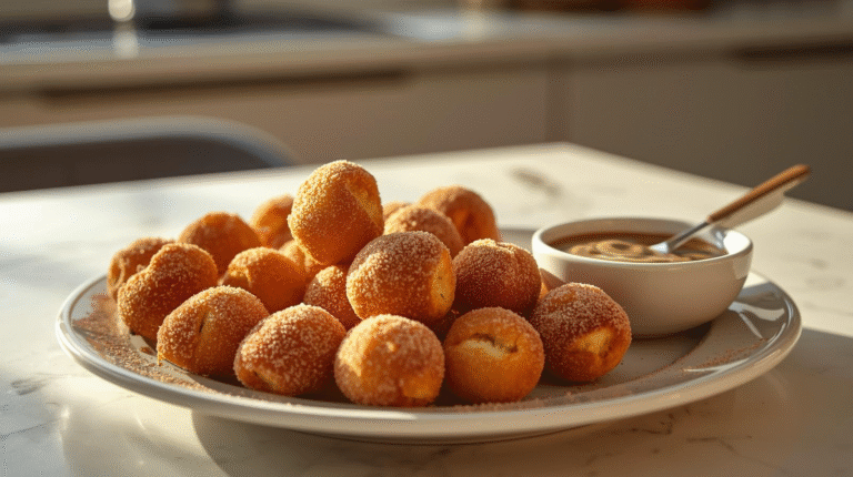 Warm cinnamon sugar pretzel bites garnished with cinnamon sugar and served with a dipping bowl.