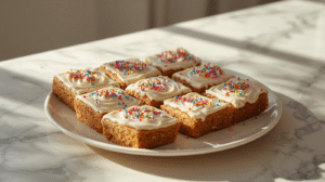 A plate of soft gingerbread sugar cookie bars with icing and sprinkles.